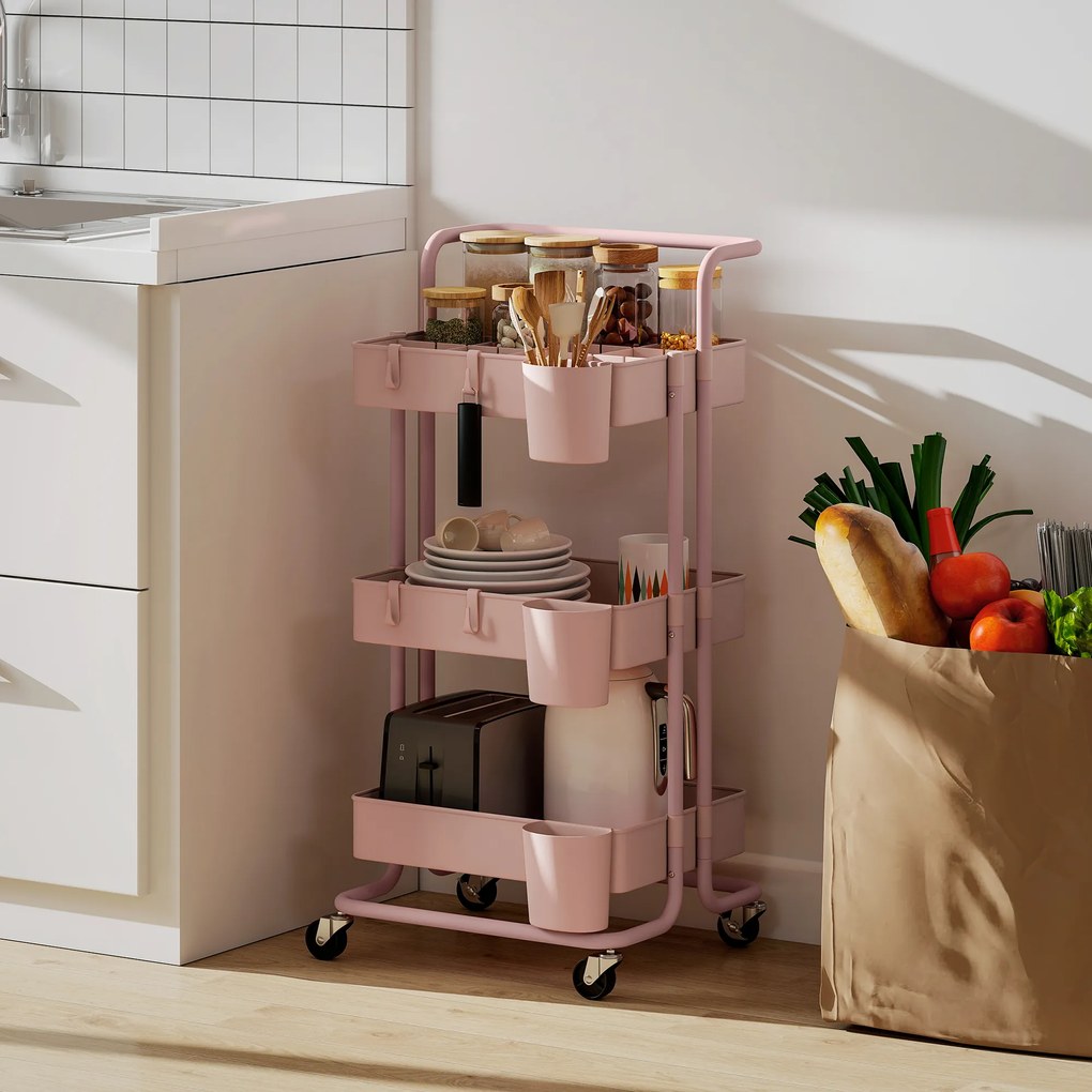 Carrinho de Cozinha Carrinho de Armazenamento com 4 Ganchos 3 Cestas Removíveis 3 Caixas Suspensas 42x38x86,5 cm Rosa