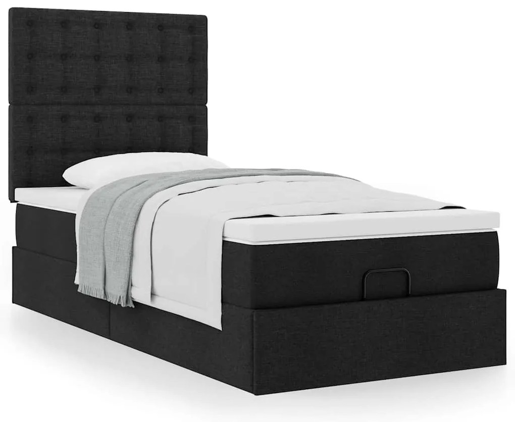Estrutura de cama otomana com colchão preto tecido