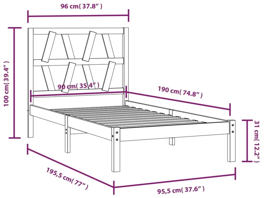 Estrutura de cama solteiro 90x190 cm pinho maciço