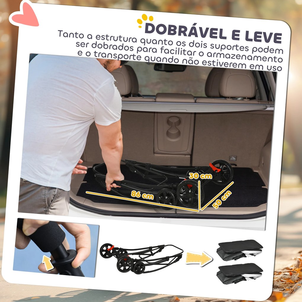 Carrinho Duplo para Cães e Gatos Dobrável com 2 Transportadoras Removíveis com Cinto e Almofadas 66x50x98 cm Cinzento Escuro
