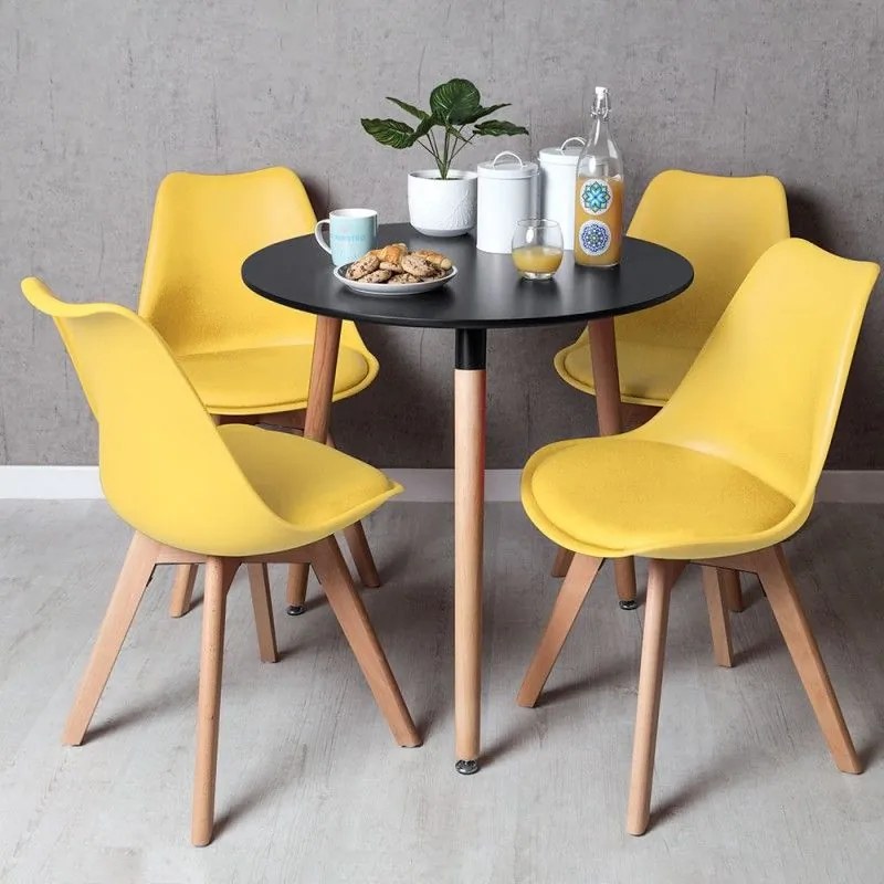 Conjunto Mesa Tower Redonda 80 cm Preta e Pack 4 Cadeiras Synk Pro - Amarelo