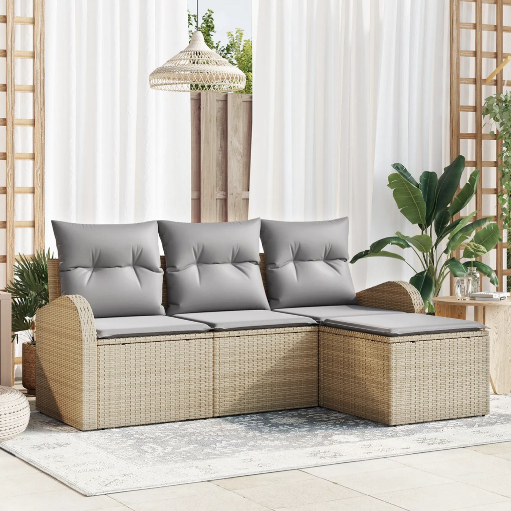 Conjunto de Sofá de Jardim vidaXL 4 Peças com Almofadas Bege Rattan Po