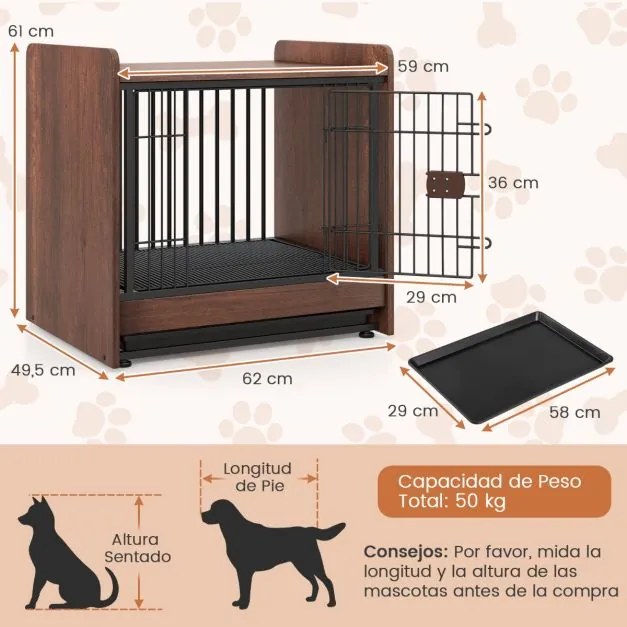 Gaiola de madeira para cães com tabuleiro amovível e porta com fechadura para cães pequenos e médios 62×49,5×61 cm Castanho