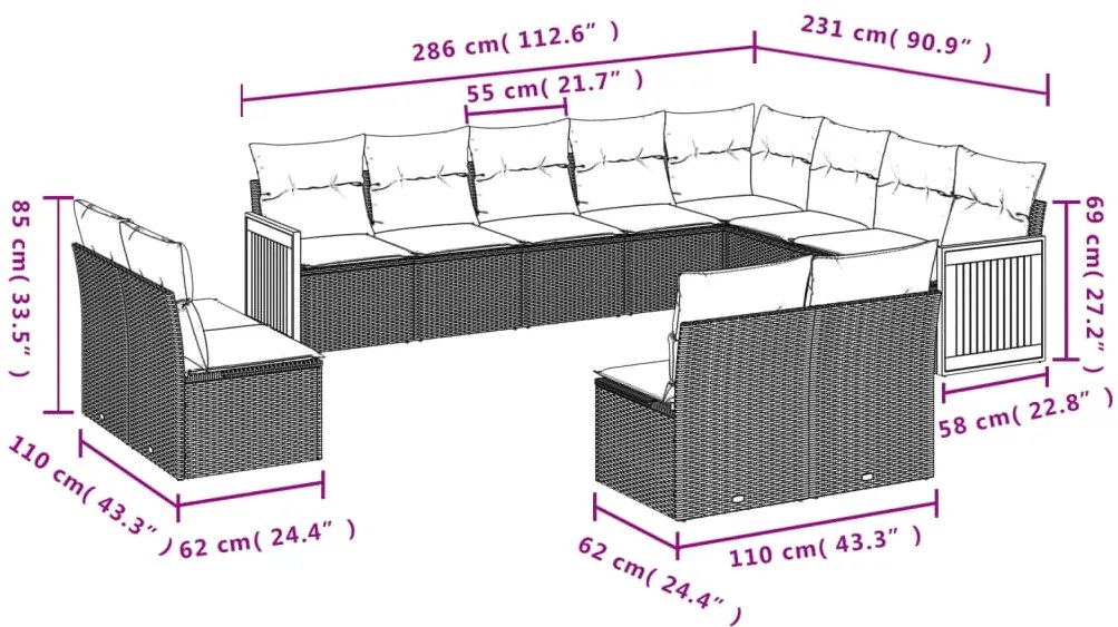 12 pcs conjunto de sofás p/ jardim com almofadões vime PE bege