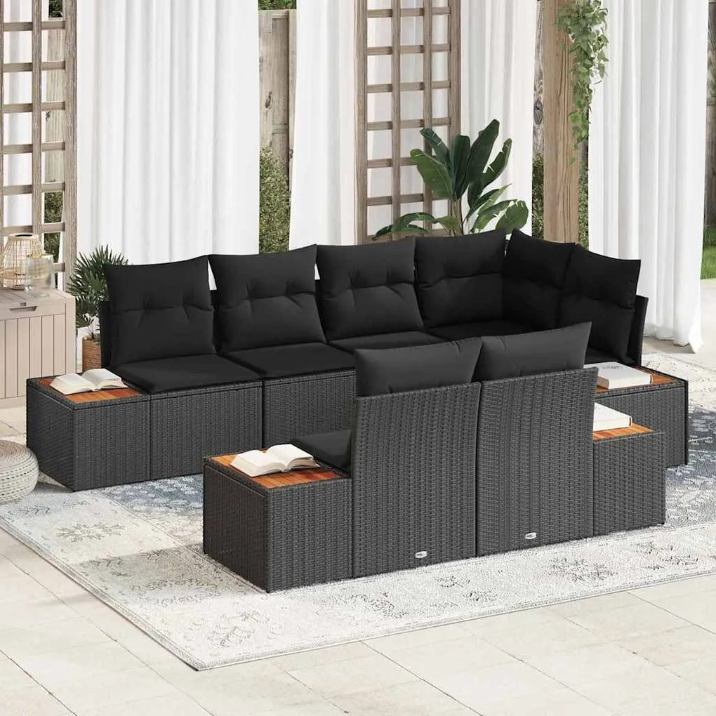 Conjunto de Sofás de Jardim de 7 Peças com Almofadas de Rattan Preto e