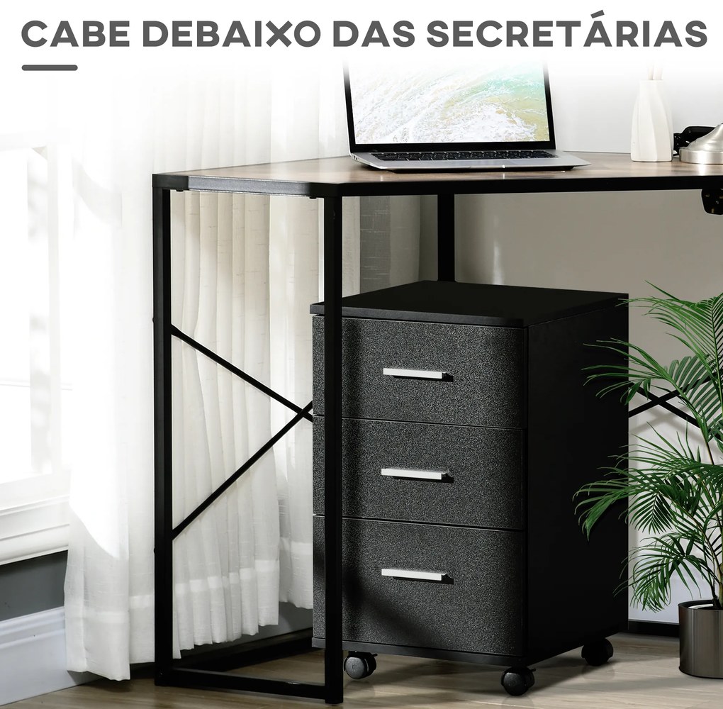 Bloco de Gavetas para Escritório Móvel de Arquivos com 3 Gavetas e Fechadura para Secretária Casa 40x40x61,5 cm Preto