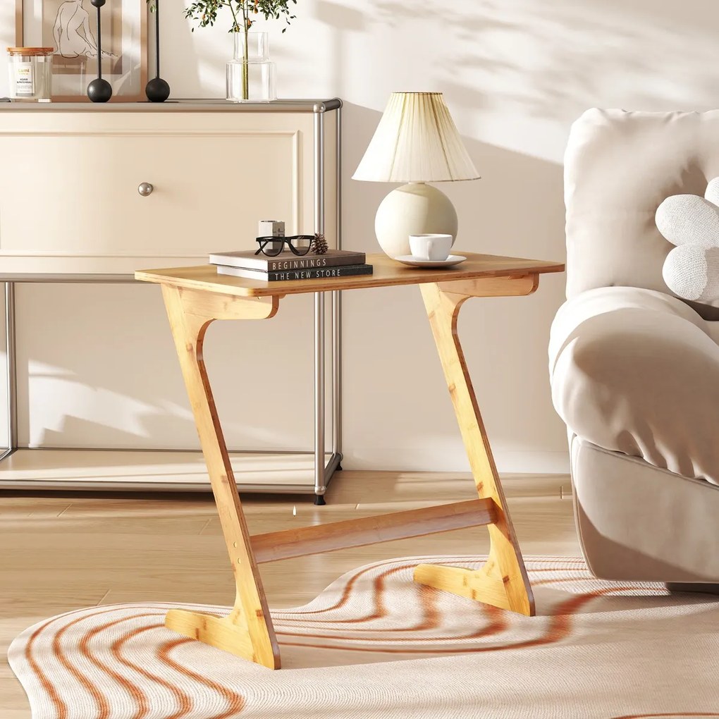 Mesa Auxiliar de Bambu para Sofá 75 cm x 40 cm x 70 cm com Ampla Superfície Secretária para Portátil que Economiza Espaço Montagem Rápida de Aperitivo