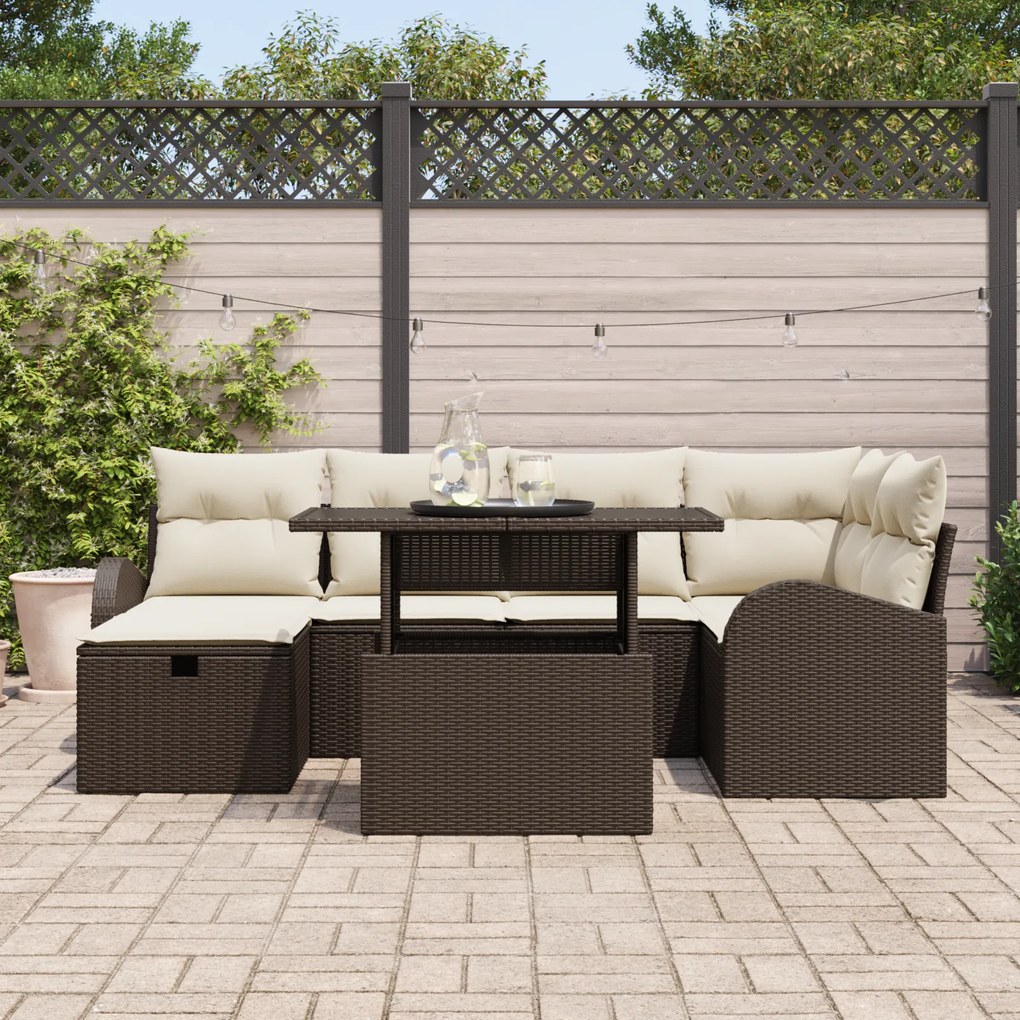Conjunto de Sofás de Jardim de 7 peças com Almofadas Castanho Vime Pol