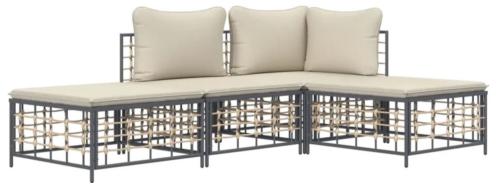 4 pcs conjunto lounge de jardim c/ almofadões vime PE antracite