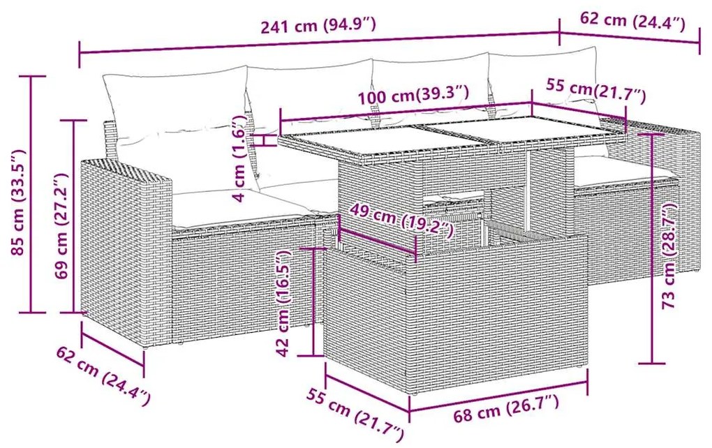 5 pcs conjunto sofás de jardim c/ almofadões vime PE cinzento