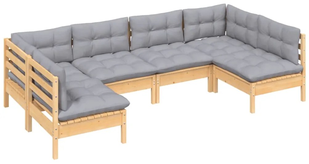 6 pcs conjunto lounge de jardim + almofadões cinza pinho maciço