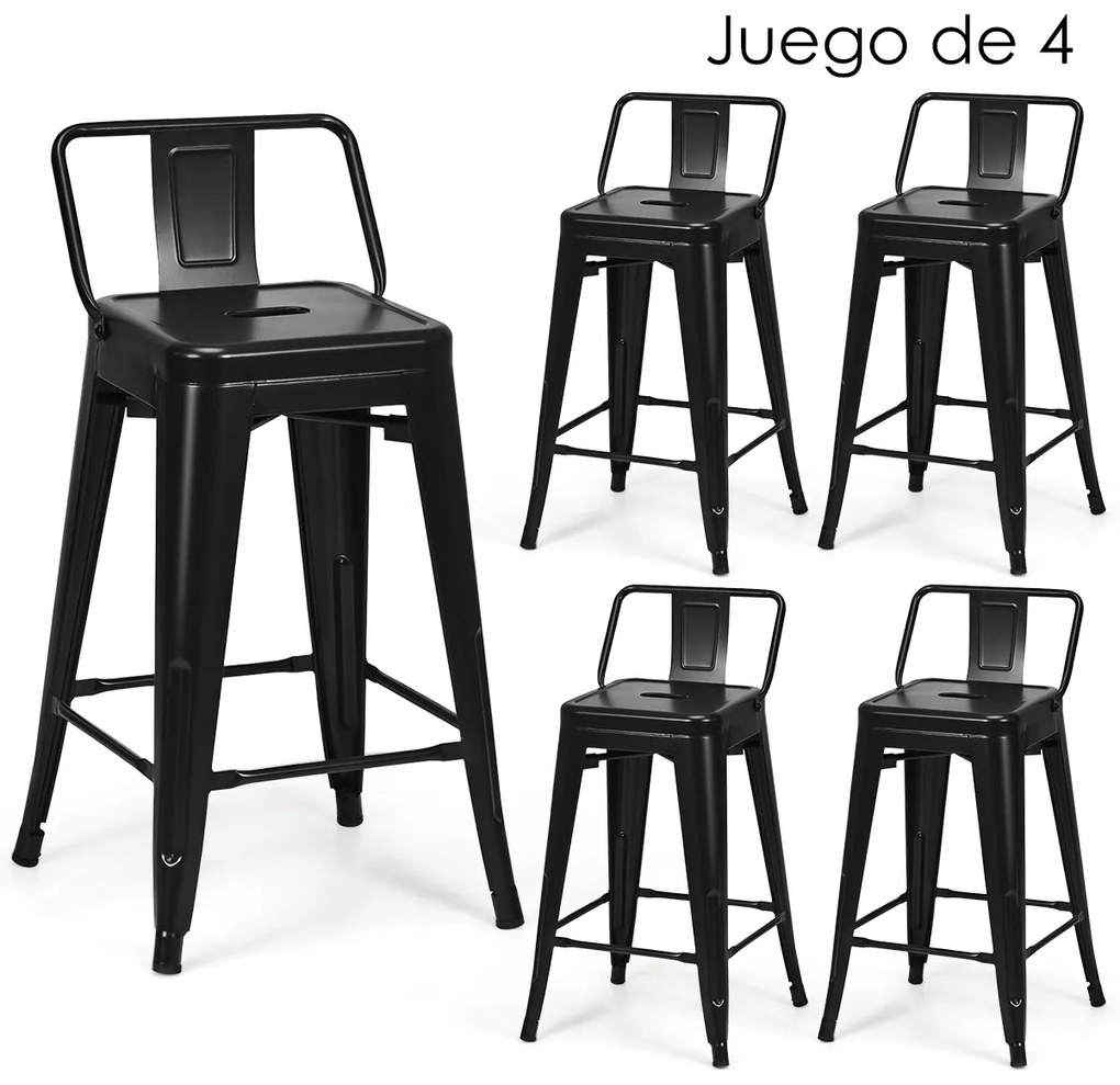 Conjunto de 4 bancos de bar em metal 43 x 43 x 79 cm com encosto removível para cafetaria, cozinha, sala de jantar e exterior Preto