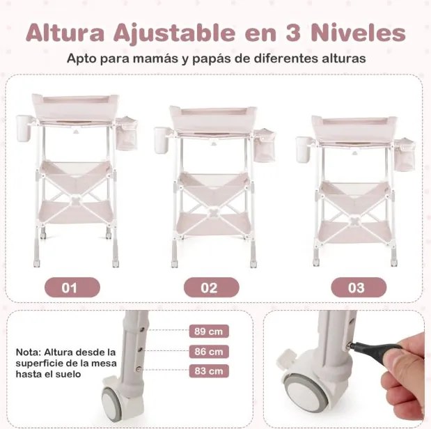 Mesa para trocar fraldas portátil dobrável com rodas impermeável altura ajustável e caixote do lixo para bebés rosa claro