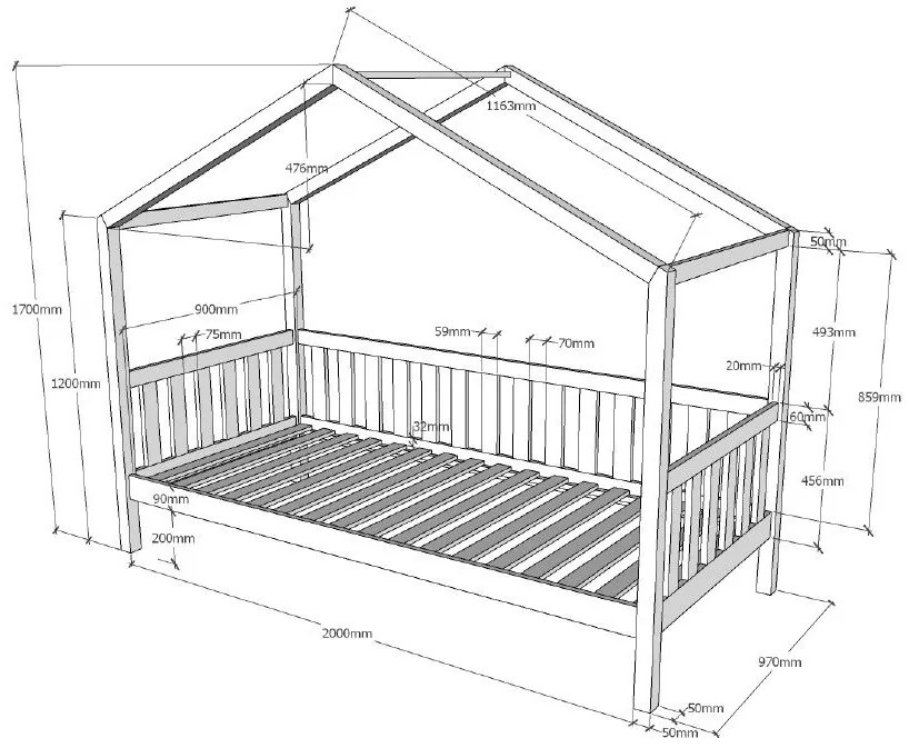 Cama infantil de Casa DALLAS MH 90x200 Com Ripas e Estrado Branca