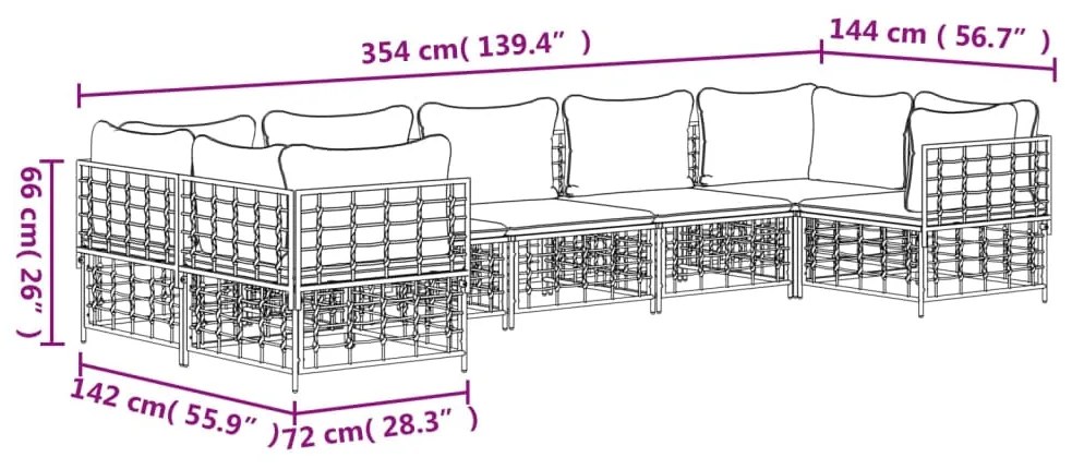 7 pcs conjunto lounge de jardim c/ almofadões vime PE antracite