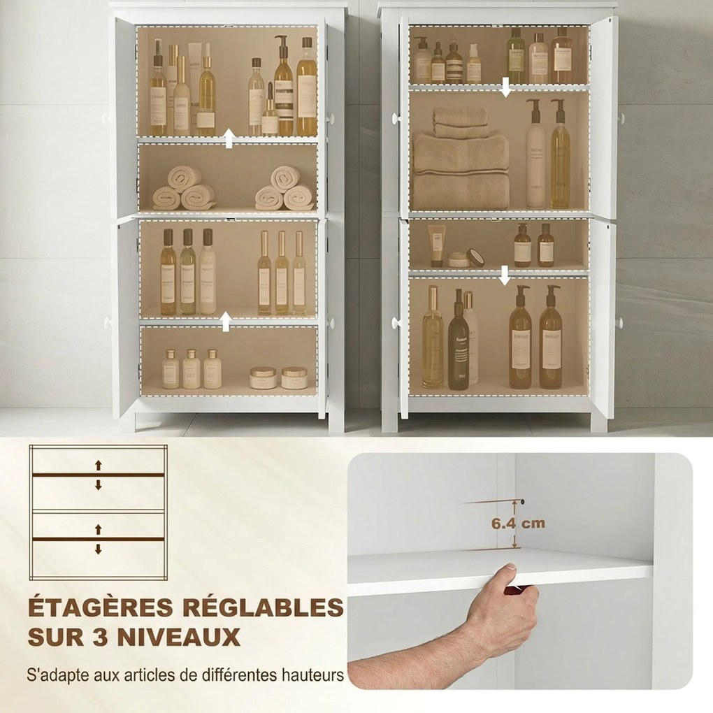 Armário de Casa de Banho, 60 x 30 x 110 cm, 4 Portas e Prateleiras Reguláveis, Branco