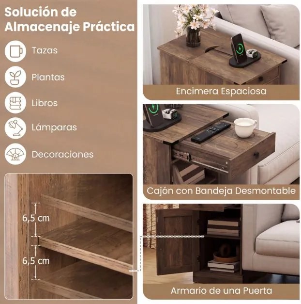 Conjunto de 2 mesas cabeçeira, mesas apoio 35 x 60 x 62 cm com estação de carregamento e armazenamento, gaveta, estante ajustável e bandeja removível,