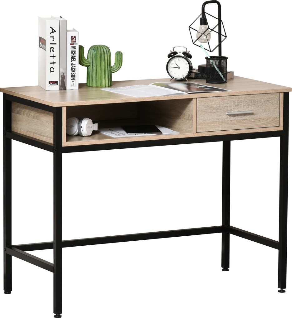 Secretária com arrumação de estilo industrial, secretária para computador com gaveta, estrutura em metal preta, tampo em madeira de carvalho claro