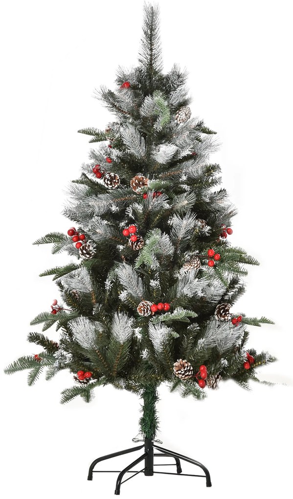 HOMCOM Árvore de Natal Artificial 120cm com 239 Ramas 27 Pinhas e 27 Frutinhas Folhas de PVC PE Base Dobrável e Suporte Metálico Decoração de Natal para Interiores Verde