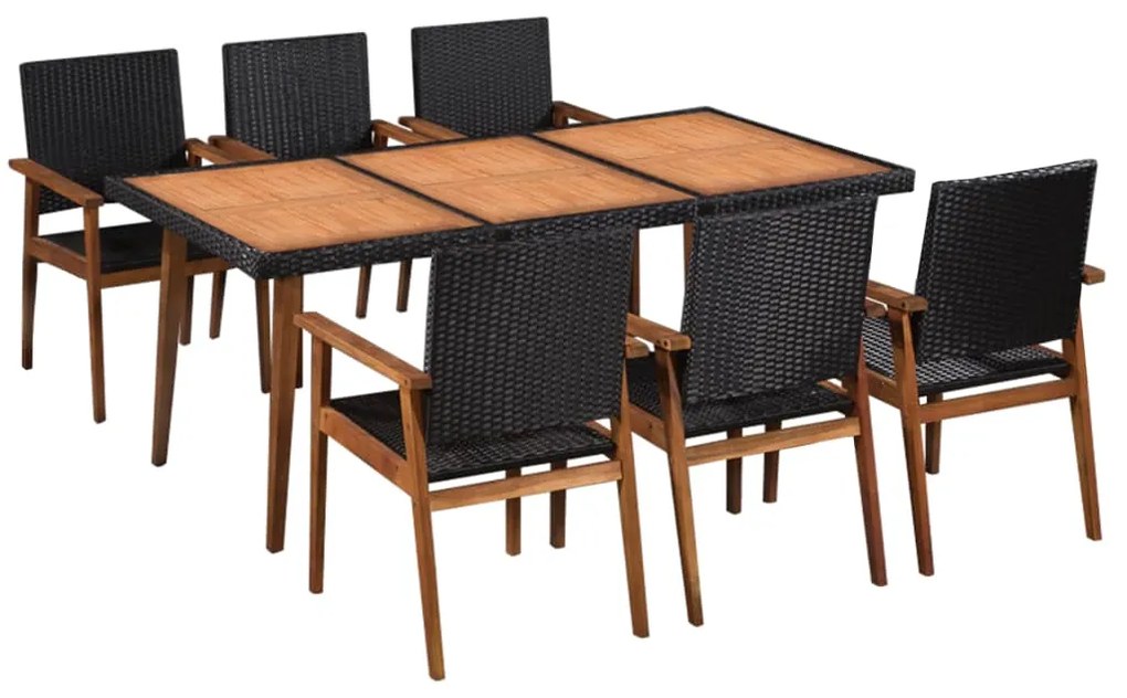 7 pcs conjunto de jantar para jardim vime PE preto e castanho