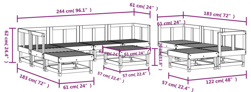11 pcs conjunto lounge de jardim madeira de pinho maciça