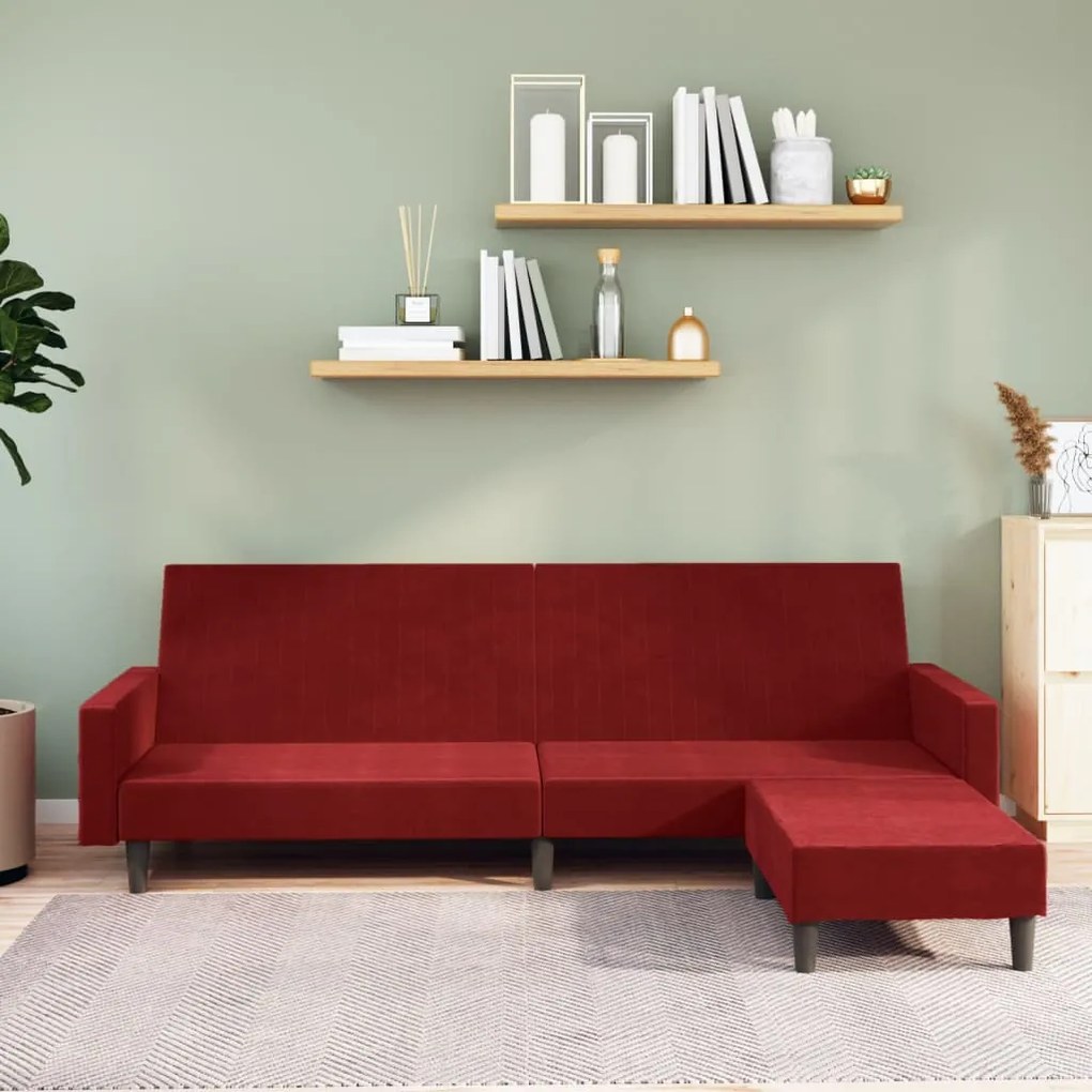 vidaXL Sofá-cama de 2 lugares com apoio de pés veludo vermelho tinto