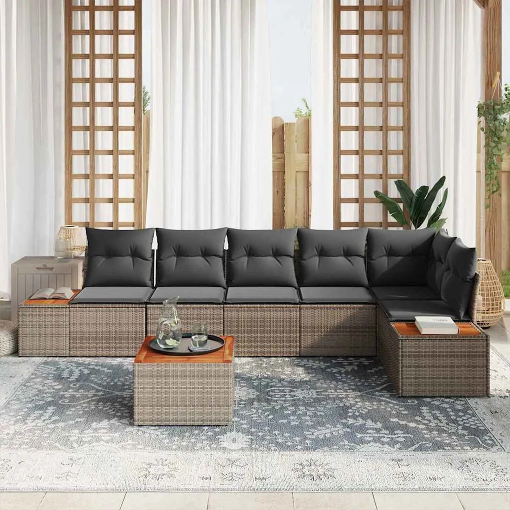 Conjunto de Sofá de Jardim 7 Peças com Almofadas Cinza em Rattan de Po