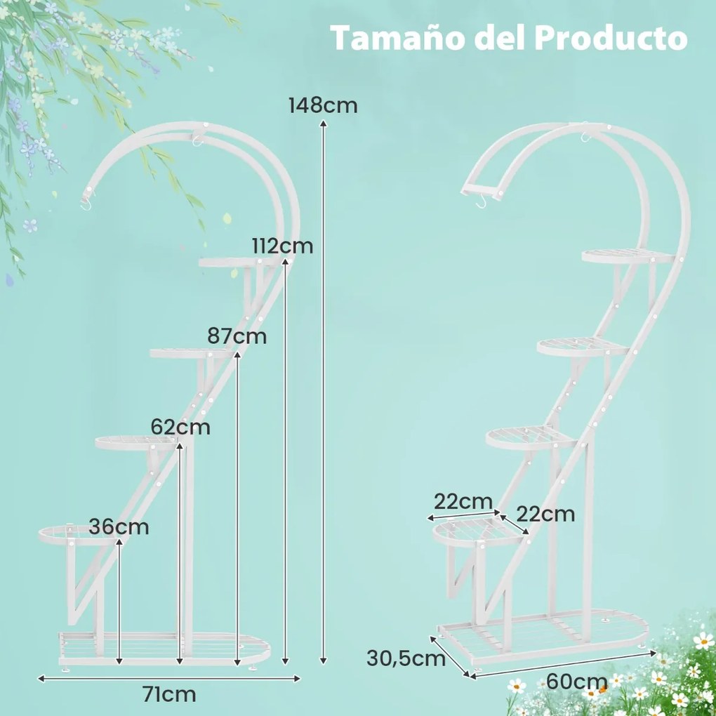 Conjunto de 2 suportes metálicos de 5 níveis para plantas com escada em forma de coração e gancho para pendurar 71 x 30,5 x 148 cm Brancos
