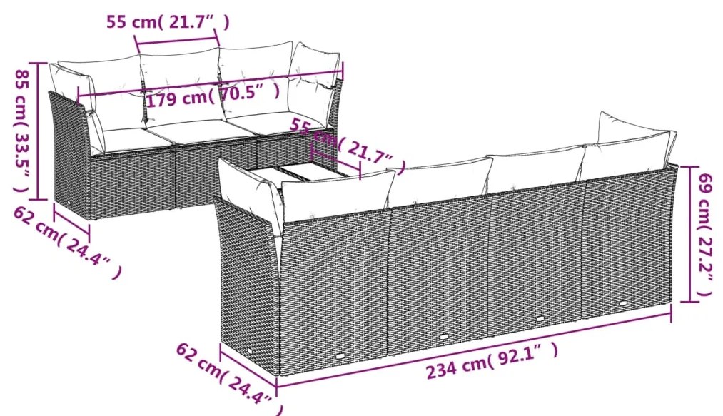 8 pcs conjunto sofás de jardim c/ almofadões vime PE cinzento