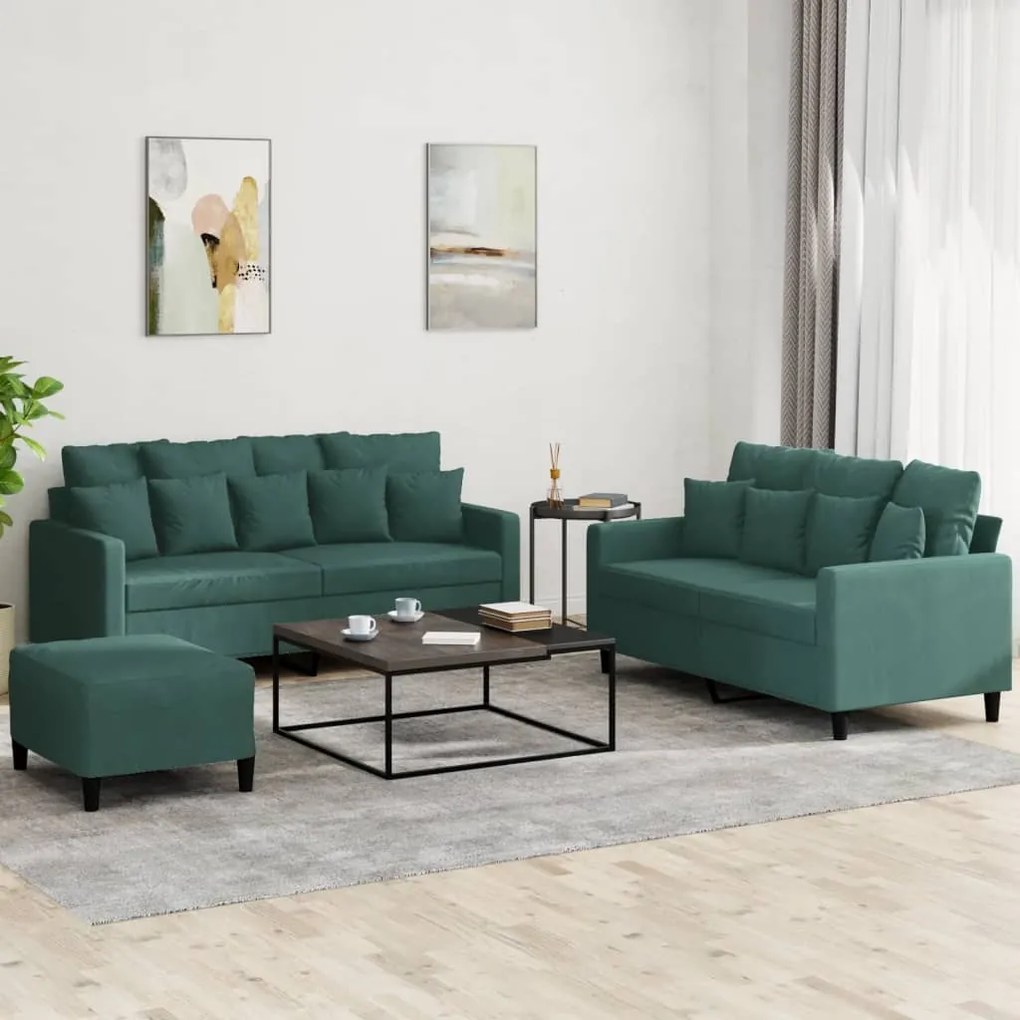 3 pcs conjunto de sofás com almofadões veludo verde-escuro