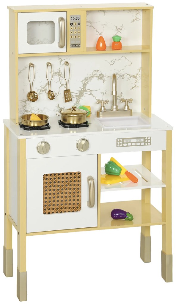AIYAPLAY Cozinha de Brincar em Madeira com Som Acessórios em Aço Inoxidável Micro-Ondas Forno Lava-Loiças Legumes para Cortar 55x24x96 cm Dourado | Aosom Portugal