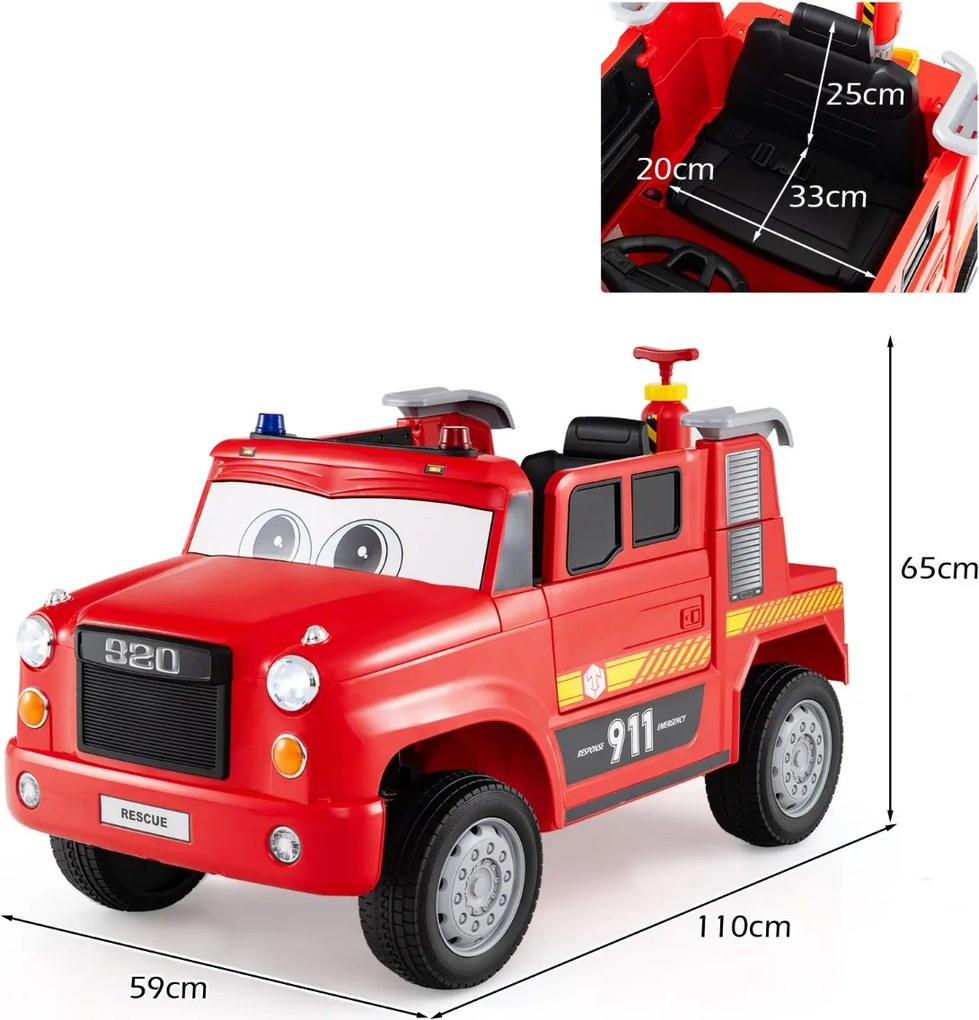 Camião de Bombeiros elétrico para Crianças com Bateria de 12V com Pulverizador de Água Controle Remoto Música Alarme Luzes Vermelho