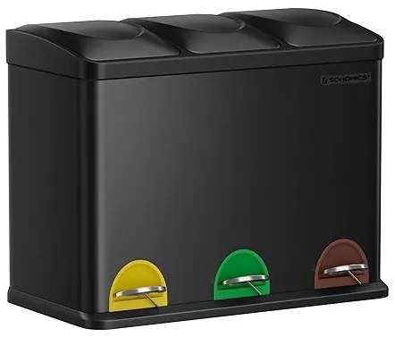 SONGMICS Lixeira de Cozinha Tripla, Lixeira de Reciclagem, Pedal, Lixeira de Metal, 45 L, Sistema de Separação de Resíduos, Lixeira de Cozinha, 3 x 15 L, com Tampa, Aço, Preto LTB45B
