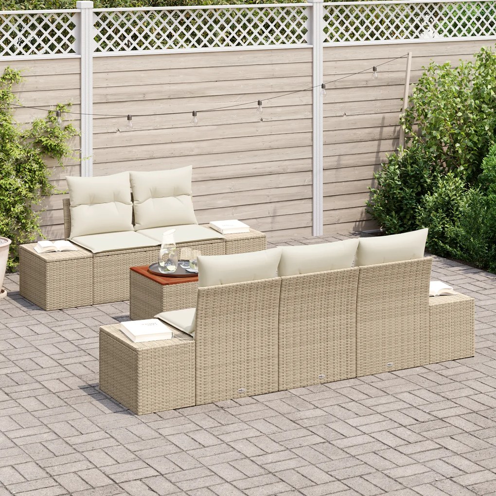 Conjunto de Sofá de 6 Peças para Jardim com Almofadas Bege Poliéster V