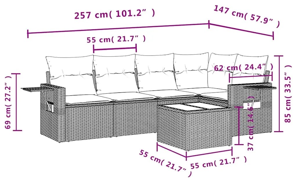 6 pcs conj. sofás jardim com almofadões vime PE cinzento-claro