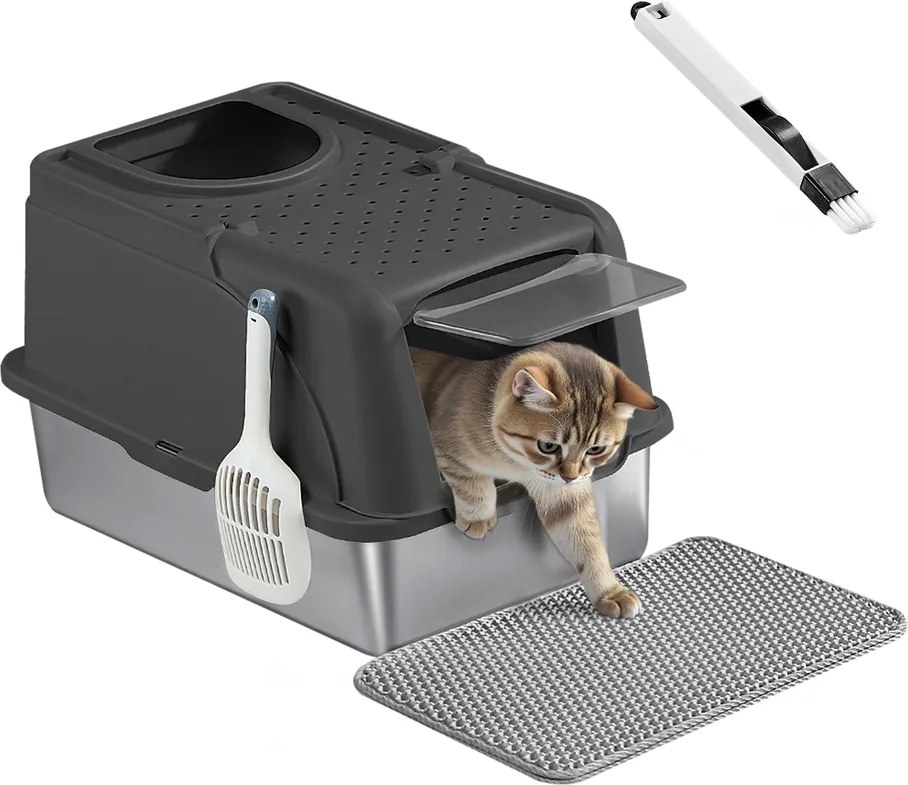 Caixa de areia para gatos 61 x 41 x 36,5 cm aço inoxidável e plastico Preto