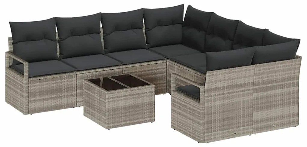 Conjunto de sofá de jardim com 9 peças e almofadas cinza claro