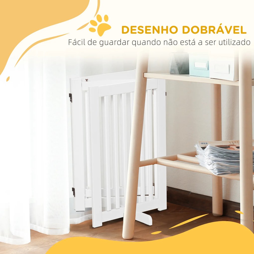 Barreira para Cães de Madeira Barreira para AnimaisDobrável de 3 Painéis com 1 Porta e Pés de Apoio 155x35,5x76 cm Branco