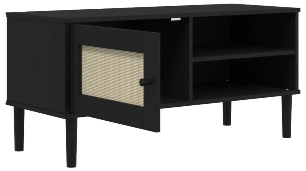 Móvel de TV SENJA aspeto vime 106x40x49 cm pinho maciço preto