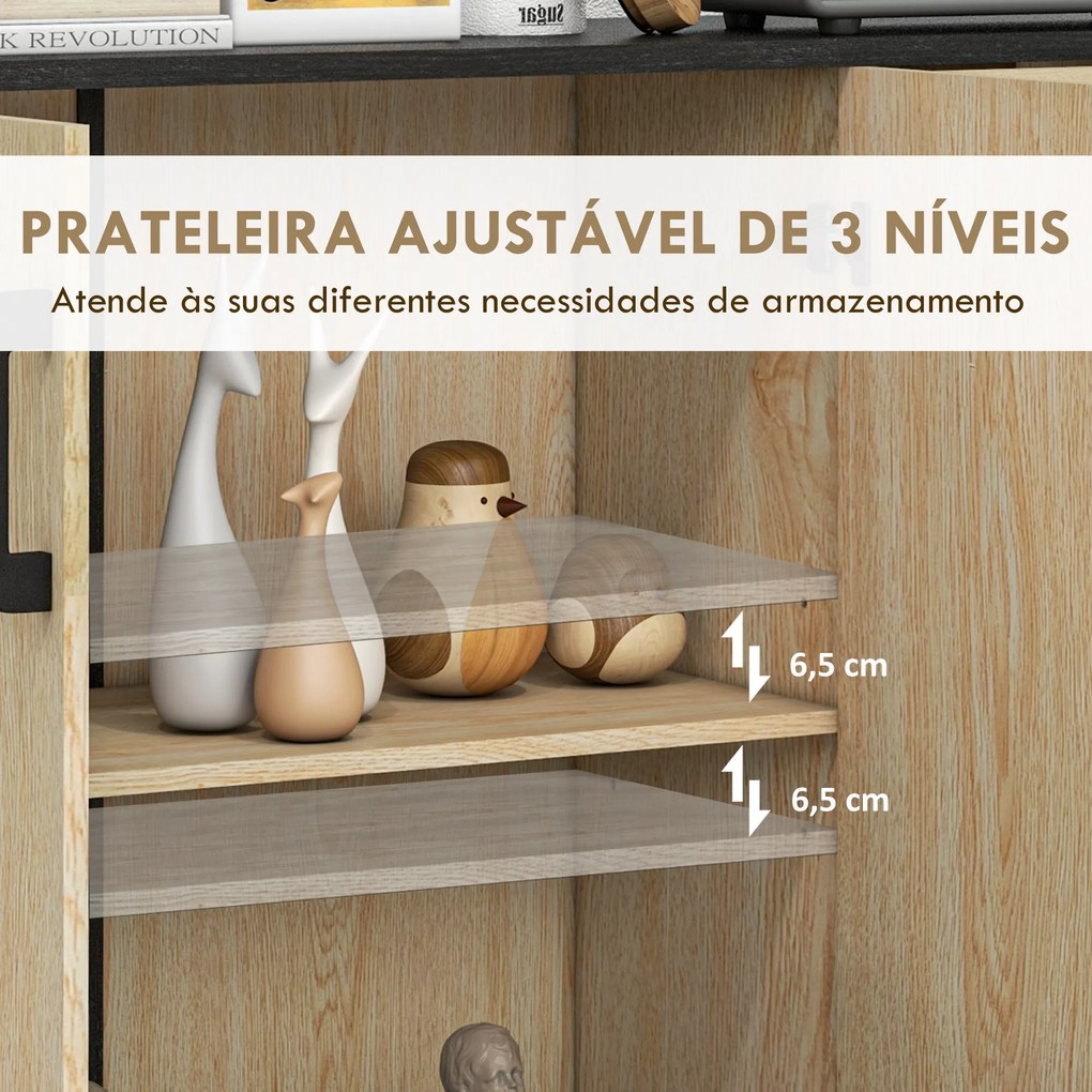 Aparador Estreito de Sala com 2 Portas, 2 Gavetas e Prateleira Ajustável 90x30x75,5 cm Natural e Preto