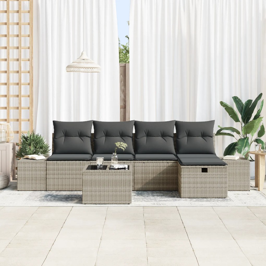 Conjunto de Sofá de Jardim com Almofadas Cinza Claro Rattan Poly