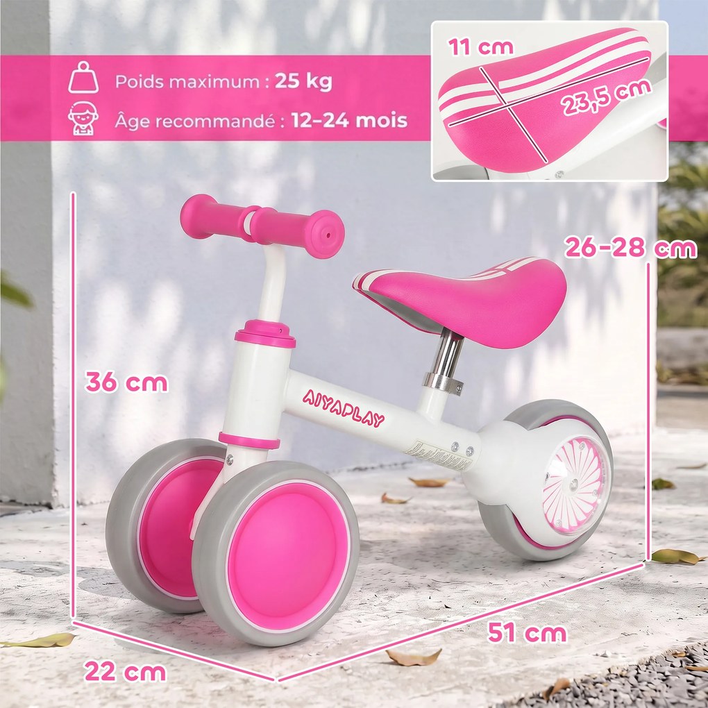 Bicicleta de Equilíbrio para Bebé, 51 x 22 x 36 cm, Assento Ajustável, Rosa
