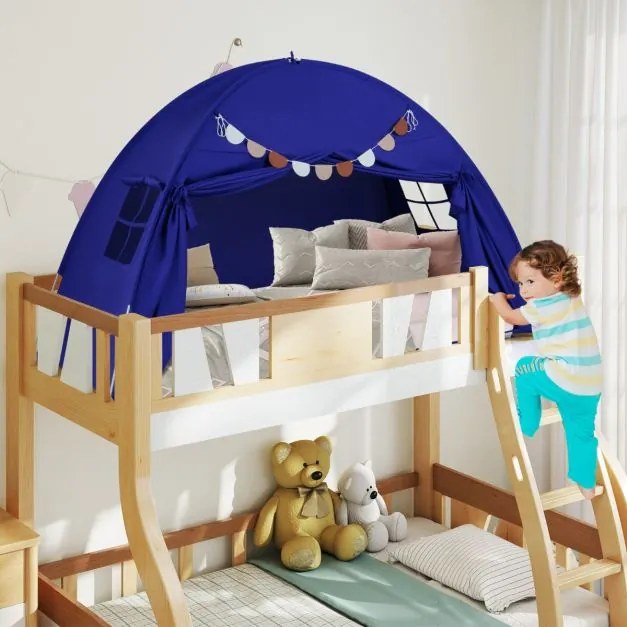 Tenda dobrável e portátil brincar para crianças 201 x 100 x 122 cm com 2 janelas e bandeiras para beliches duplos azul