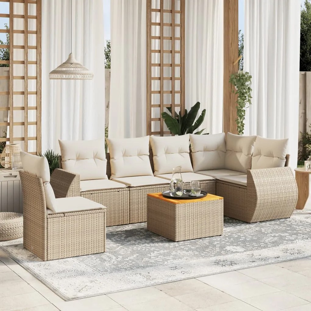 7 pcs conjunto de sofás p/ jardim com almofadões vime PE bege
