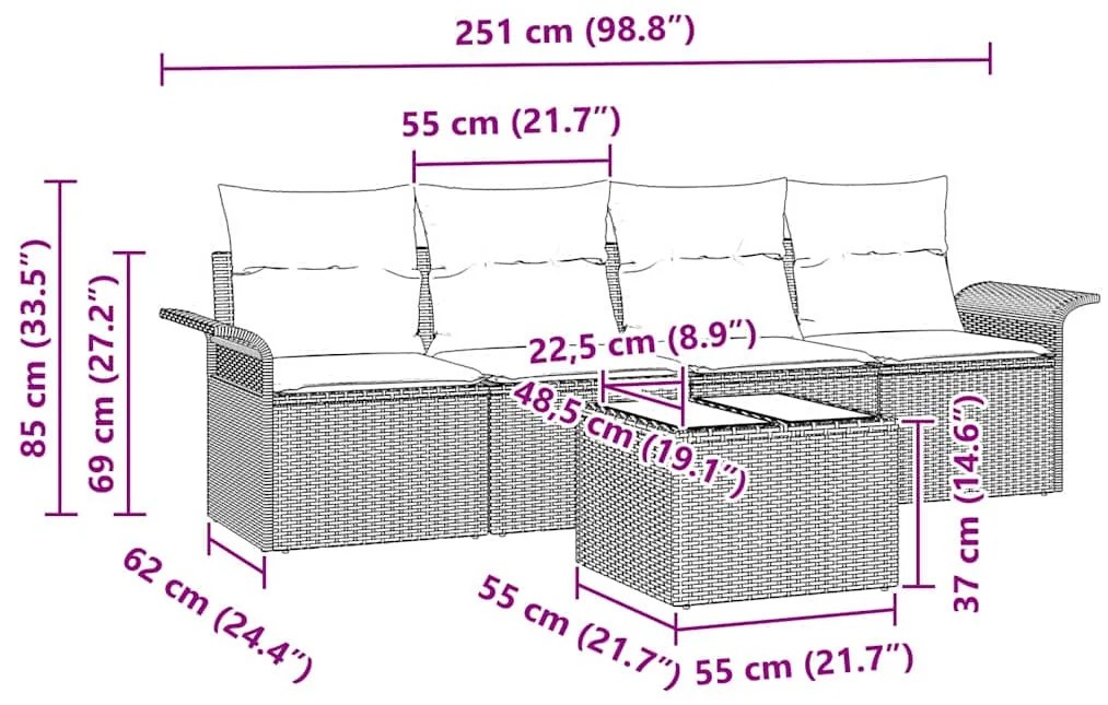 Conjunto de Sofá de Jardim 5 Peças com Almofadas - Rattan Poly Preto