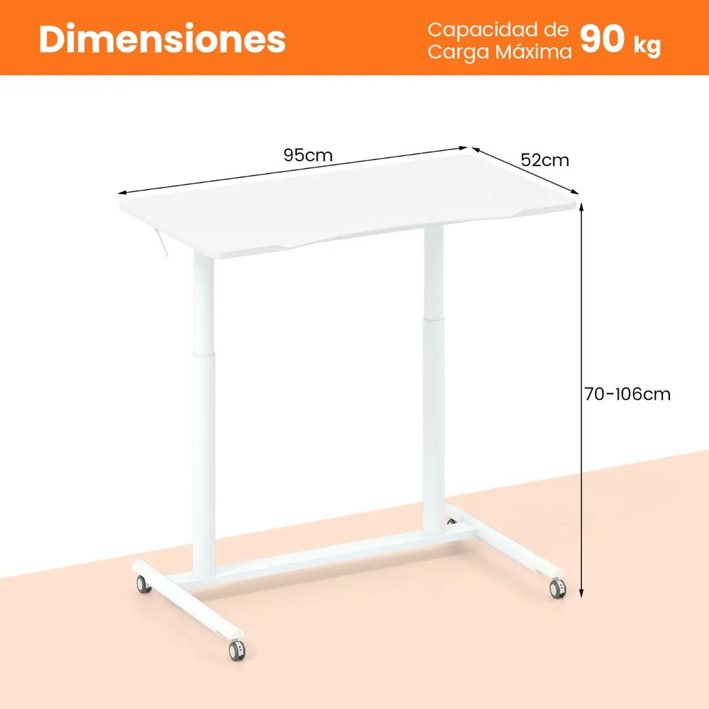Secretária com altura ajustável em C 95 x 52 x 70-106 cm com rodas bloqueáveis e estrutura metálica para escritório Branca