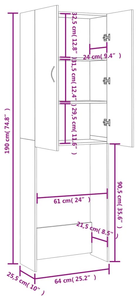 Armário máquina de lavar roupa 64x25,5x190 cm cinzento-cimento