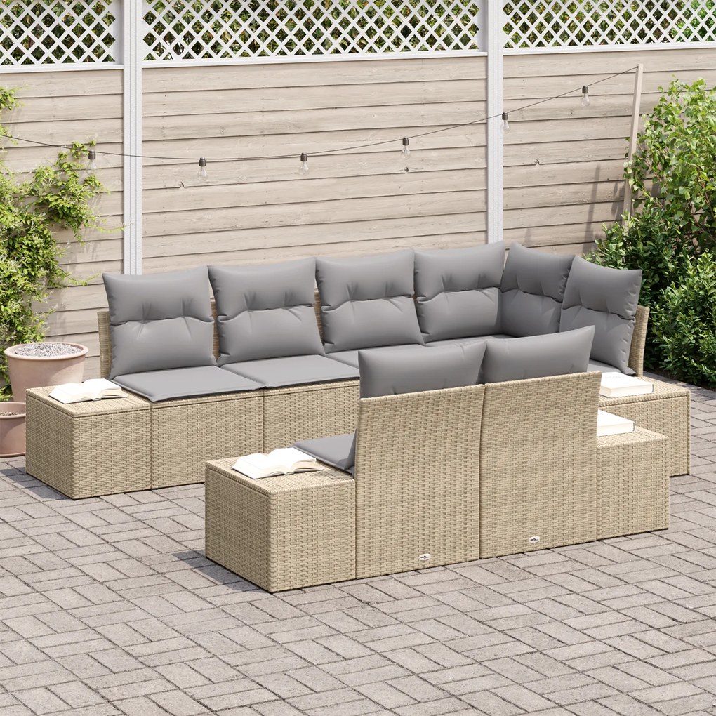 Conjunto de Sofá de Jardim de 7 Peças com Almofadas Bege Vime Sintétic