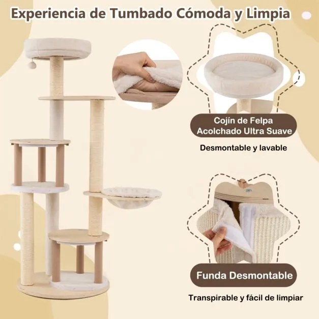 Arranhador para gatos 58 x 152 cm com postes de sisal e tapete 2 cavernas, Brinquedo suspenso Almofada lavável de pelúcia para interior Natural