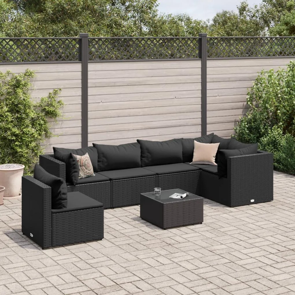 7 pcs conjunto lounge de jardim c/ almofadões vime PE preto